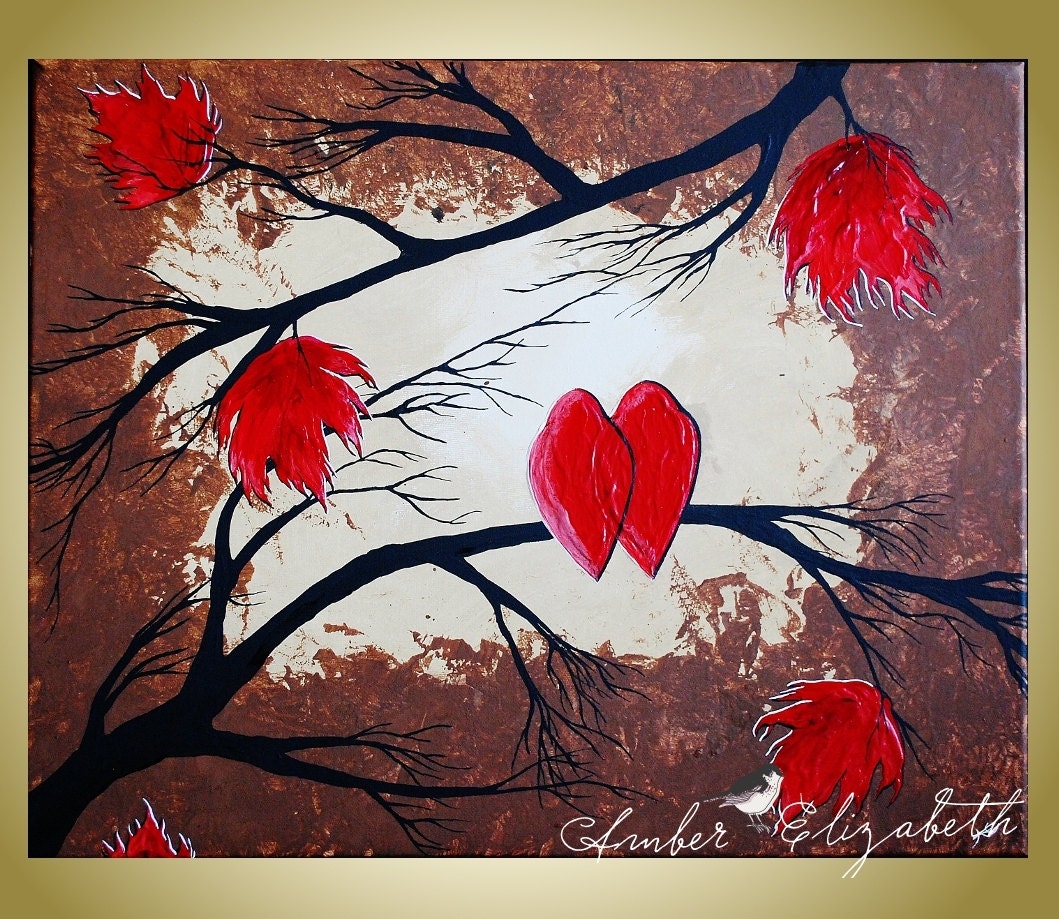 Original Painting 16 x 20 I Love You in Red Acrylic on Canvas Art Amber Elizabeth Lamoreaux Cardinals Birds Love Birds Maple Tree Autumn