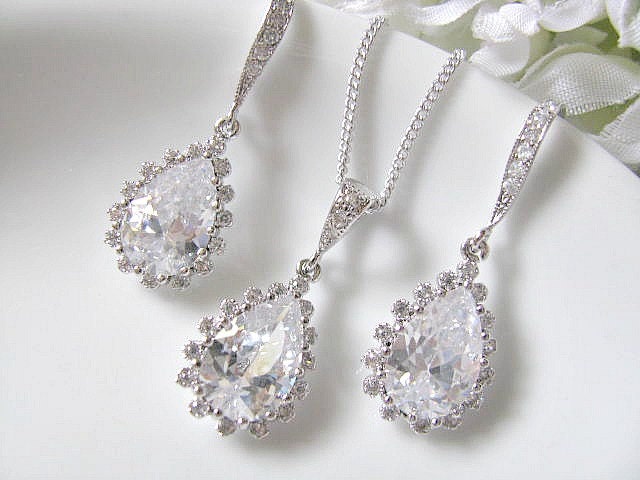 Cubic Zirconia Teardrop With Small Crystal Stones Bridal Earrings And Necklace Set - Bridal Jewelry Set, Bridesmaid Jewelry Set, Wedding Set