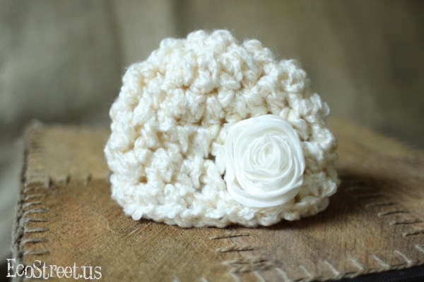Baby Girl Hat, Newborn Baby Girl Crochet Hat Off White Cream Flower , Great for Photo Prop