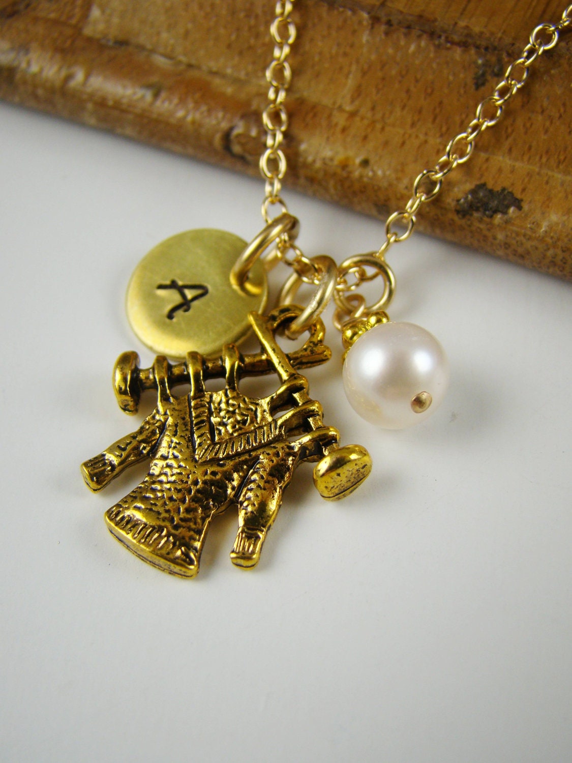 Personalized Knitting Pendant Charm Necklace, Gold, Knit, Small Charms, Needles, Yarn, Stocking Stuffer