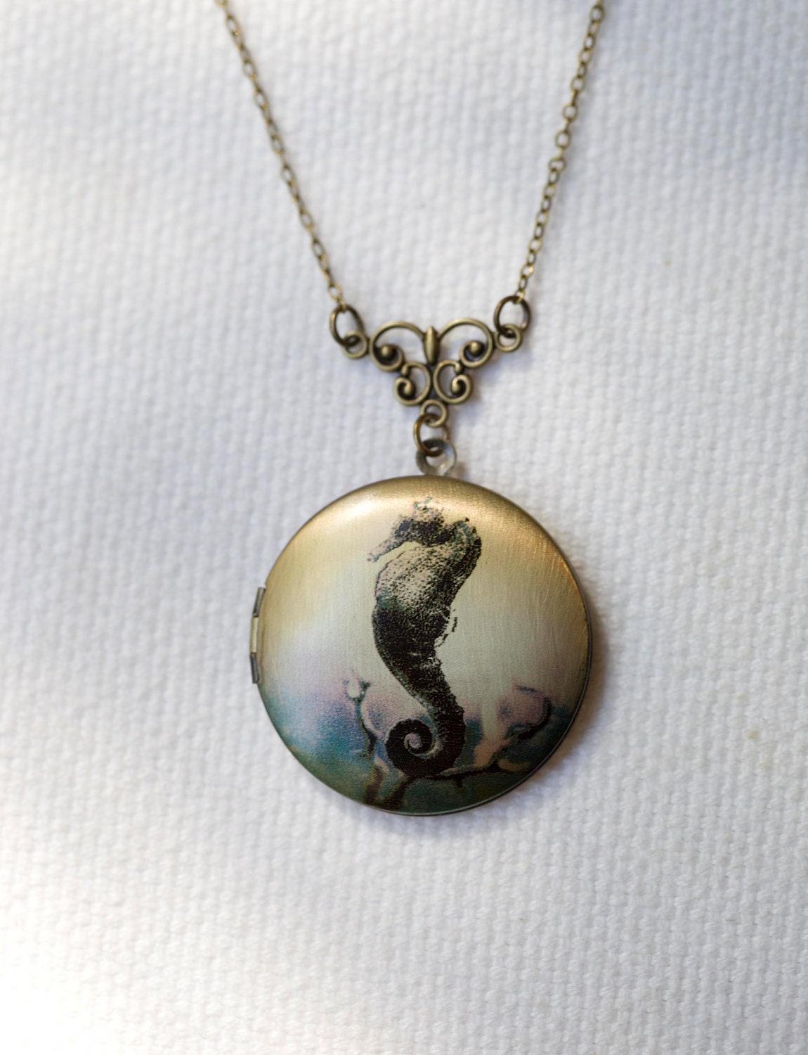 Art Locket necklace in antiqued bronze featuring my photograph of seahorse - PenumbraImages