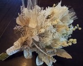 Natural Wedding Bouquet - Romantic Vintage Dried Ivory Roses Leaves Bleached Peacock Feathers Lace Pearls Lunaria Winter Bridal