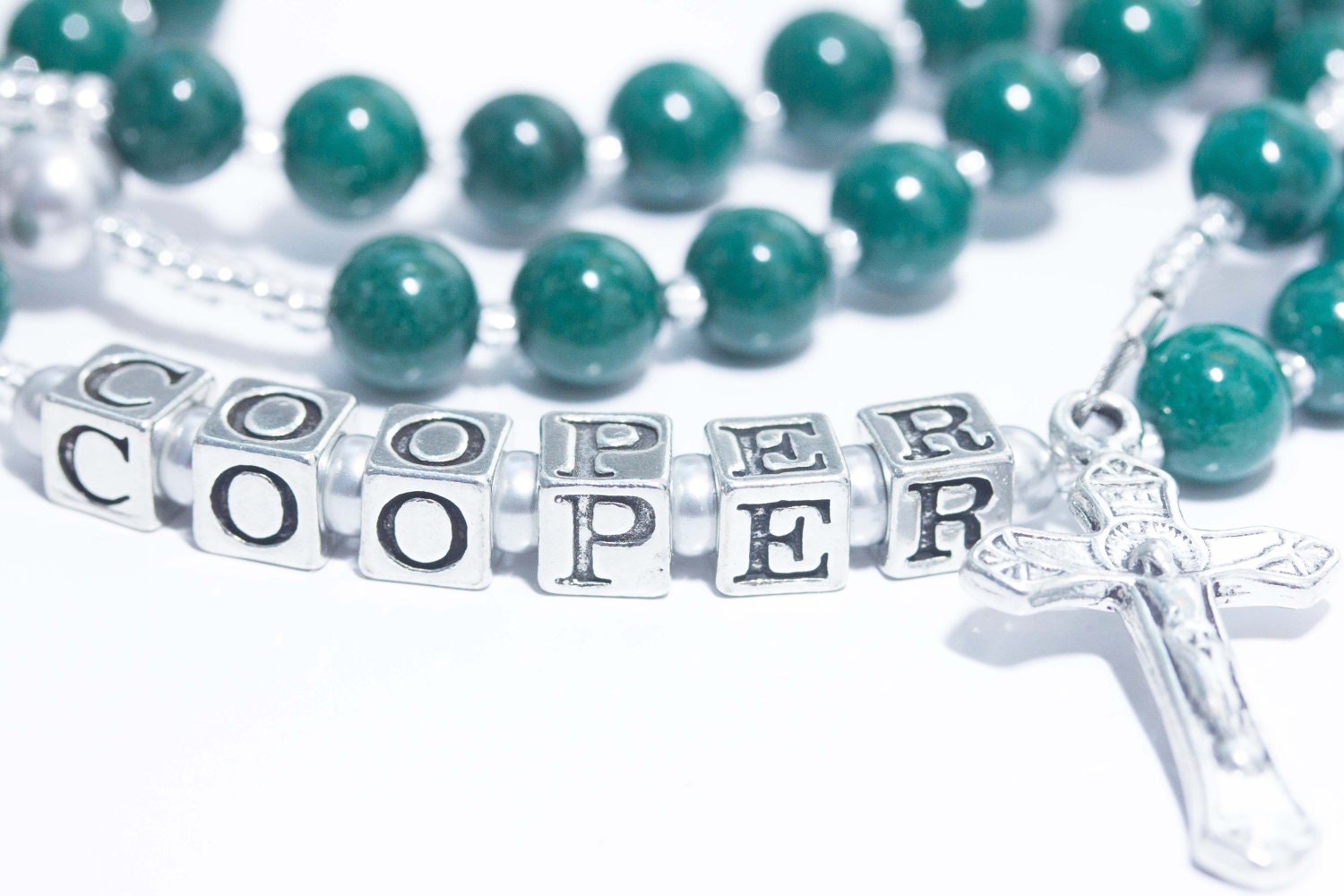 Personalized Rosary for Baptism or Baby's First in Green with Silver pearls