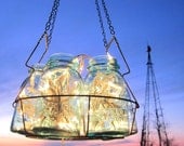 Antique Lights Mason Jar Chandelier 6 Blue QUART Ball Canning Jar Basket, Upcycled Hanging Mason Jar Lighting, Wedding Lighting Garden Party