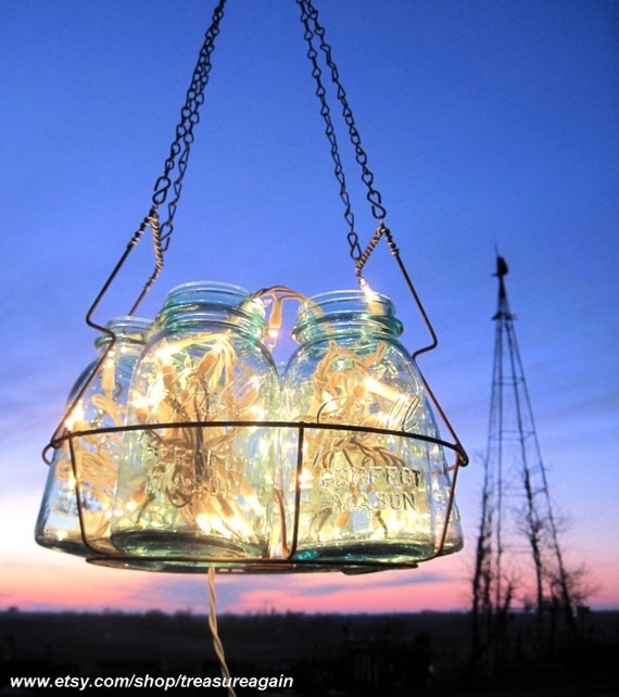 Antique Lights Mason Jar Chandelier 6 Blue QUART Ball Canning Jar Basket, Upcycled Hanging Mason Jar Lighting, Wedding Lighting Garden Party