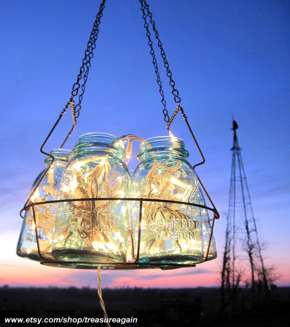 Antique Lights Mason Jar Chandelier 6 Blue QUART Ball Canning Jar Basket, Upcycled Hanging Mason Jar Lighting, Wedding Lighting Garden Party