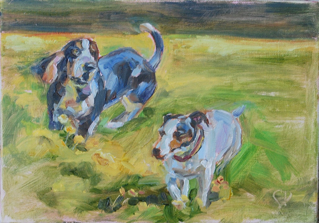 Dogs playing, Pet portrait, Original oil by Carol DeMumbrum