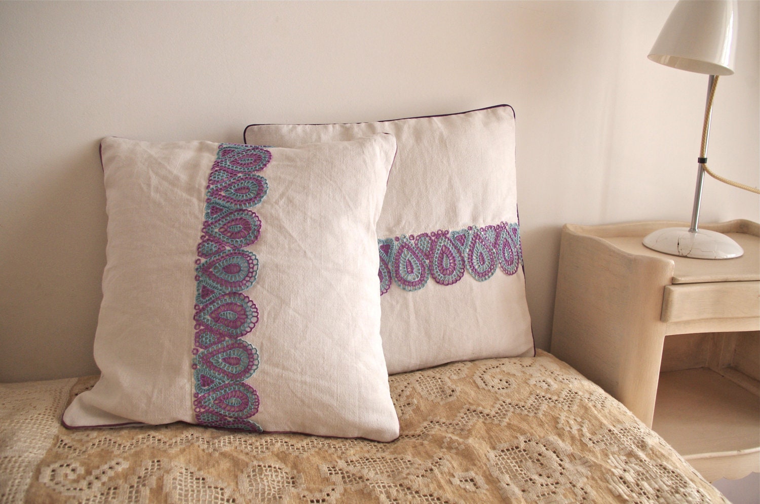 Pair of  OOAK hand embroidered blue and lilac pillow covers with satin piping