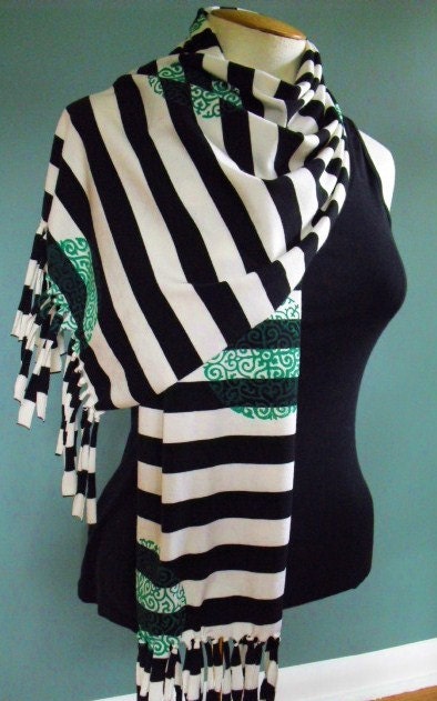 Bold Black and White Stripe Jersey Knit Scraf With Emerald Green Screen Printed Scrollwork Circles
