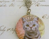 Locket Necklace - Kitty Cat Wearing a Crown - Pink Yellow and soft Gray - Retro Vintage Brass