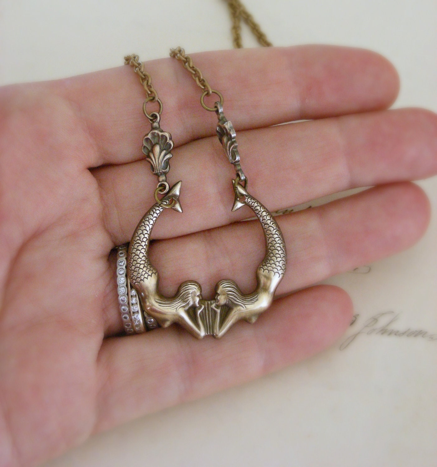 Mermaid Necklace - Twin Mermaids Vintage Retro Brass Necklace - Handmade