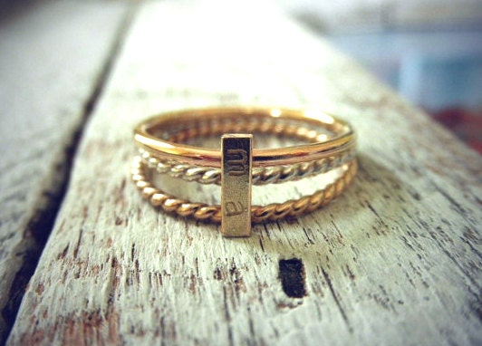 Stacking initial Ring Set - 14K Gold Rectangle Custom Initial Bar w/ Silver & 14K Gold Filled Twisted Wire Set By Pale Fish NY
