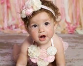 Pink, Ivory,  Rolled Rosette, Elastic Headband, Satin Flowers, Pearls, Birthday, Couture, Girl, Newborn, Infant, Toddler, Damask