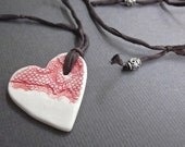 white and red porcelain heart on brown silk - the delilah necklace