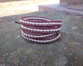 Leather Beaded Wrap Bracelet - Dark Red and Silver