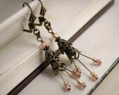 FREE SHIPPING Bustles and Ruffles Aged Brass and Swarovski Earrings - Pink - Edwardian - Victorian - Shabby Chic - Autumn - Fall - Bridal