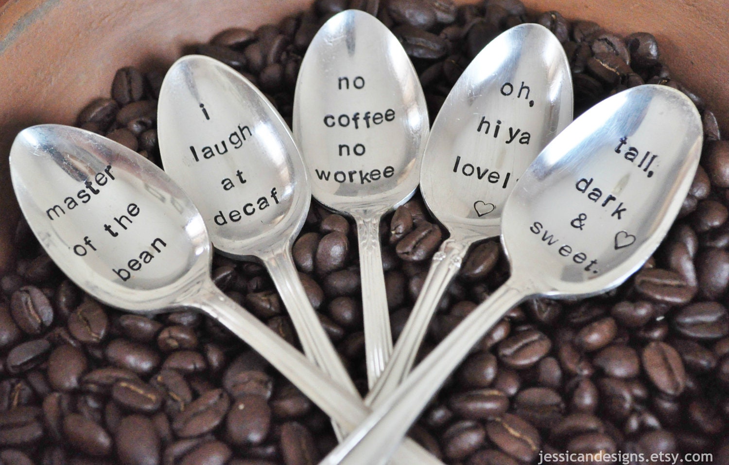 PICK 5 -Vintage Hand Stamped Coffee Spoons for COFFEE Lovers (Pick your own Words)
