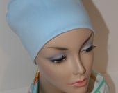 Light Blue Chemo Hat Cancer Cap Sleep Soft Jersey Knit Alopecia Sleep Beanie Women Men Free Ship in USA Kufi Style