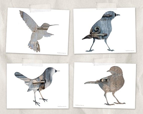 bird silhouette postcard set, photography postcards, set of 4, blank notecard, animal art, gray, blue, reclaimed wood art