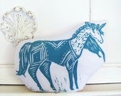 Plush Unicorn Pillow. Hand Woodblock Printed. Customizable Colors. Made to Order.