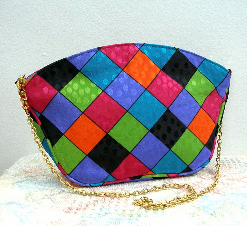 1980s Shoulder Bag / 80s BRIGHT Colorful Harlequin Handbag