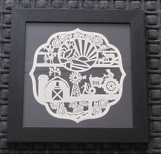 Farmer's Plaque - Scherenschnitte - Hand Paper Cutting Art signed and dated By Janet Lynch -12x12 Framed