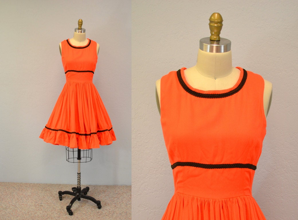 1950s party dress / neon orange / full skirt