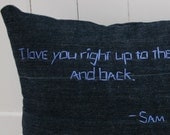 guess how much I love you pillow, denim pillow, children's pillow, children's bedding, upcycled pillow, OOAK