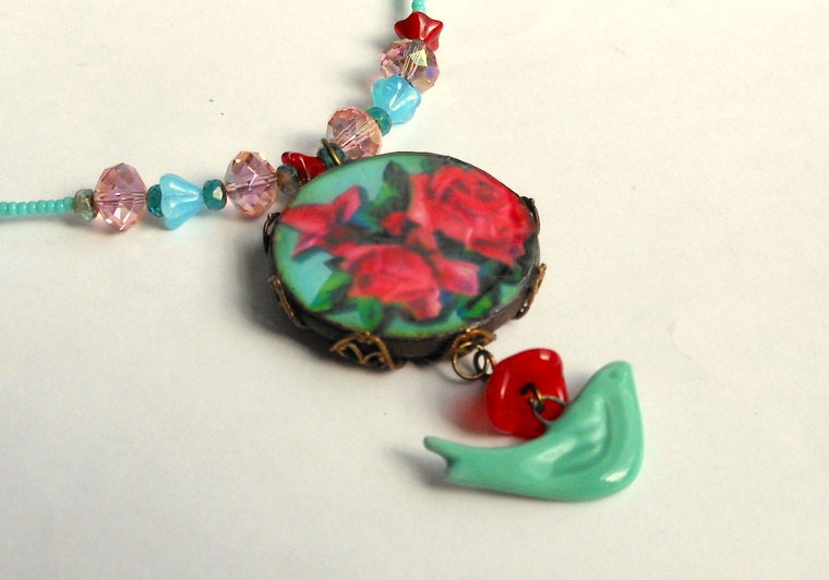 Red Rose Necklace,Turquoise Bird Necklace,Crystal Necklace