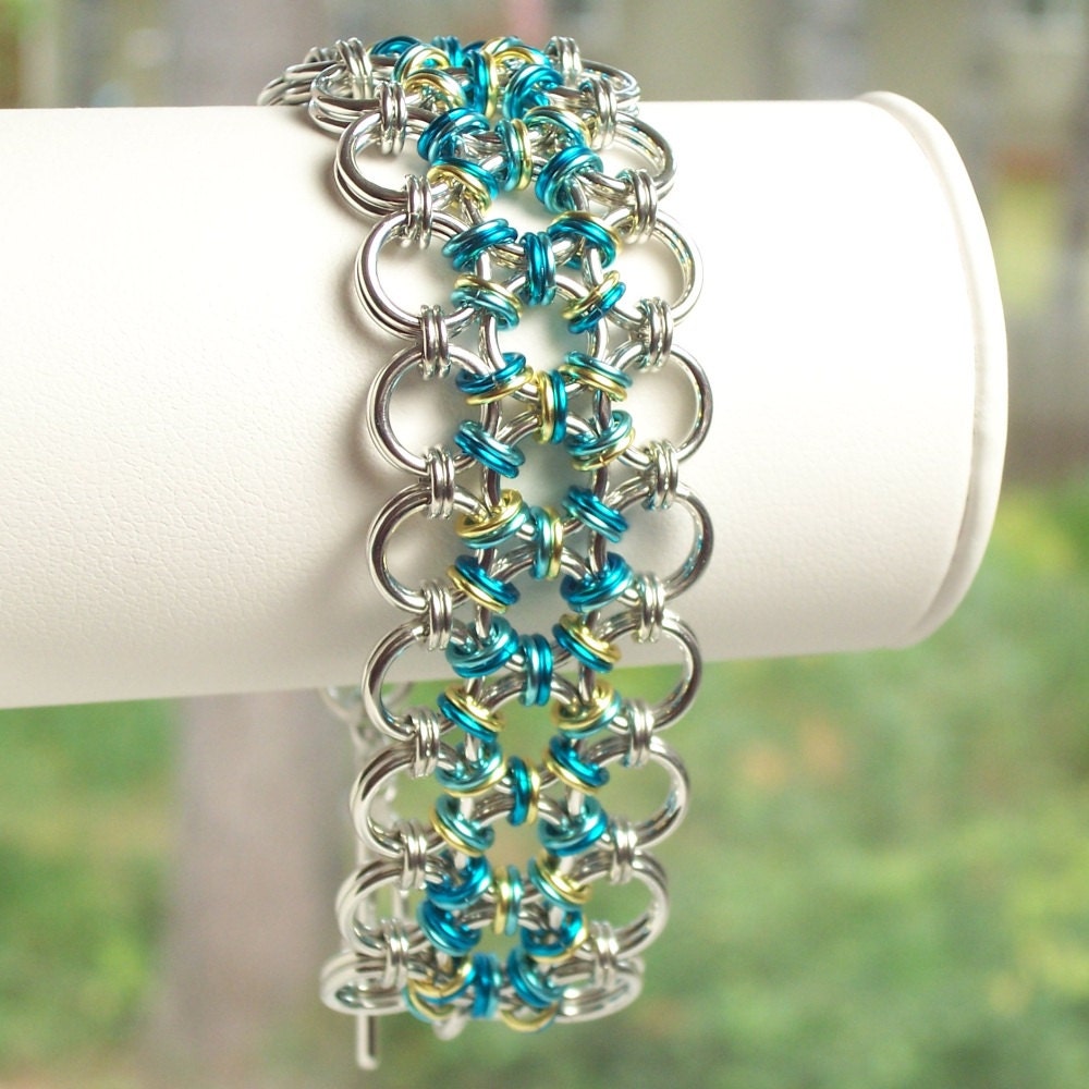 Japanese 12 in 2 Chainmaille Bracelet Chain Mail Jewelry Ice Blue, Peacock Blue, Non Tarnish Gold