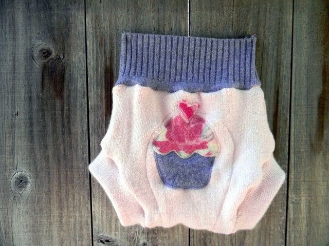 Upcycled Wool Soaker Cover Diaper Cover With Added Doubler Pink/Purple With Cupcake Applique LARGE 12-24M Kidsgogreen