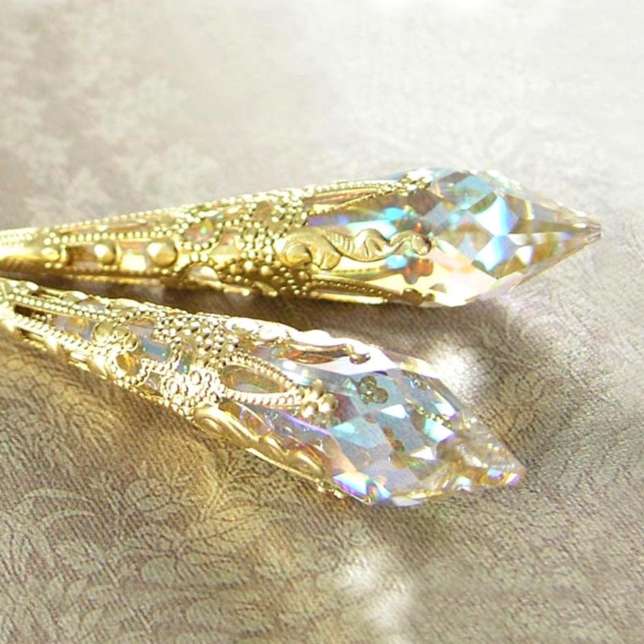 Clear Crystal Earrings 14K Gold Fill Clear Aurora Borealis Swarovski Crystal Earrings Gold Filigree Earrings - DorotaJewelry