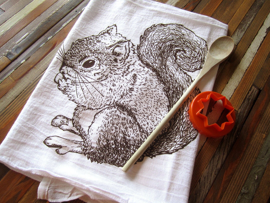 Tea Towel - Screen Printed Organic Cotton Flour Sack Towel  - Eco Friendly and Awesome - Soft and Absorbent - Woodland Squirrel Illustration