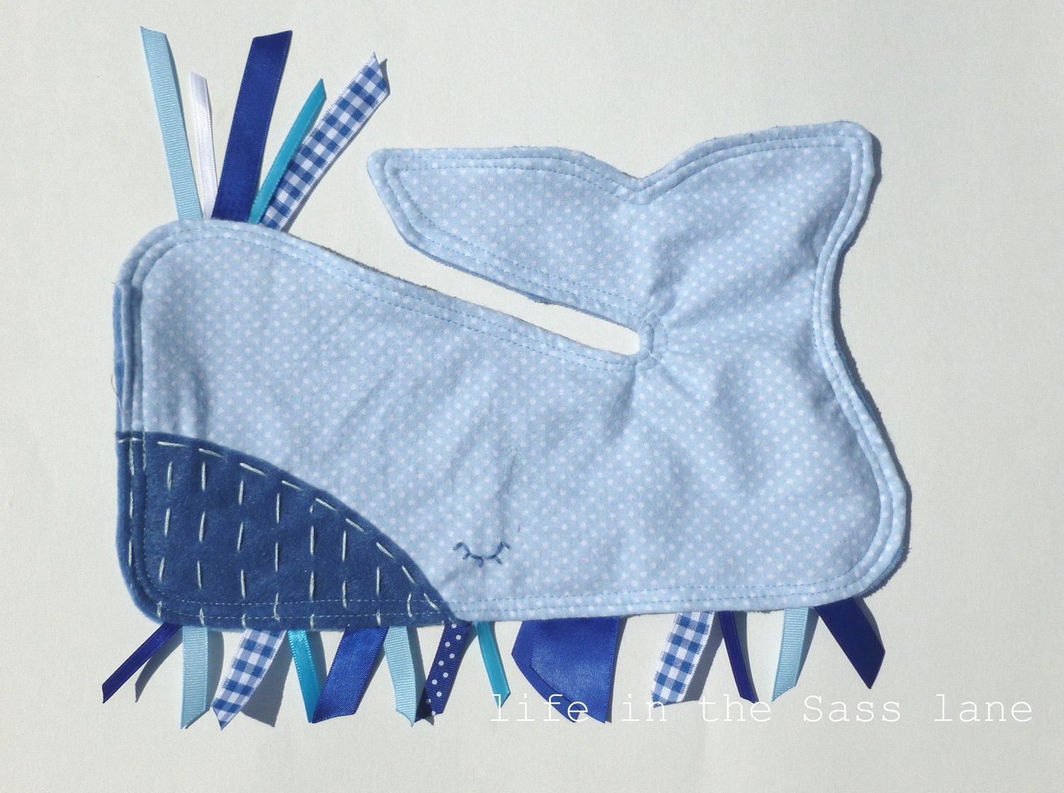 Blue WHALE Ribbon Tag Baby Blanket in Polka Dot Flannel and Minky Blankie Lovey Lovie Baby Gift