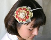 Pearl Headband with Red Fabric Flower and Vintage Lace, Red Hair Flower, Floral Headband
