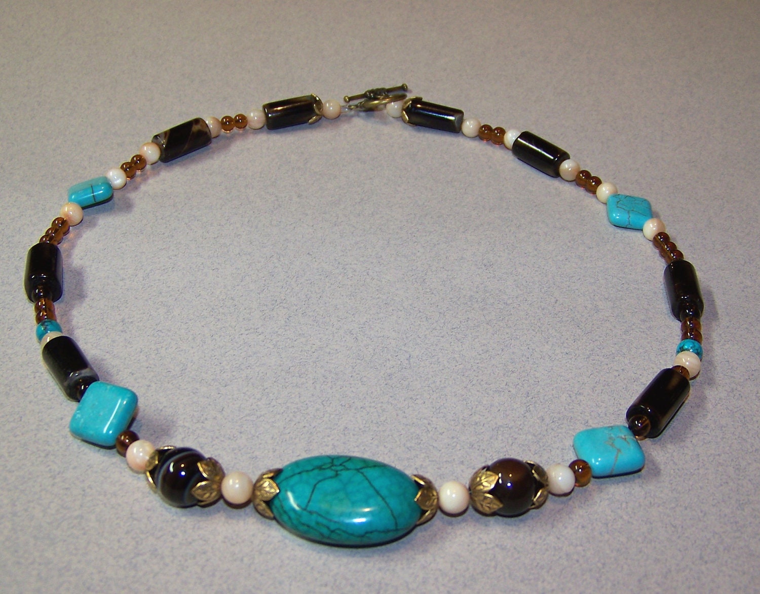 Brassy And Beautiful Semi-Precious Stone and Turquoise Necklace