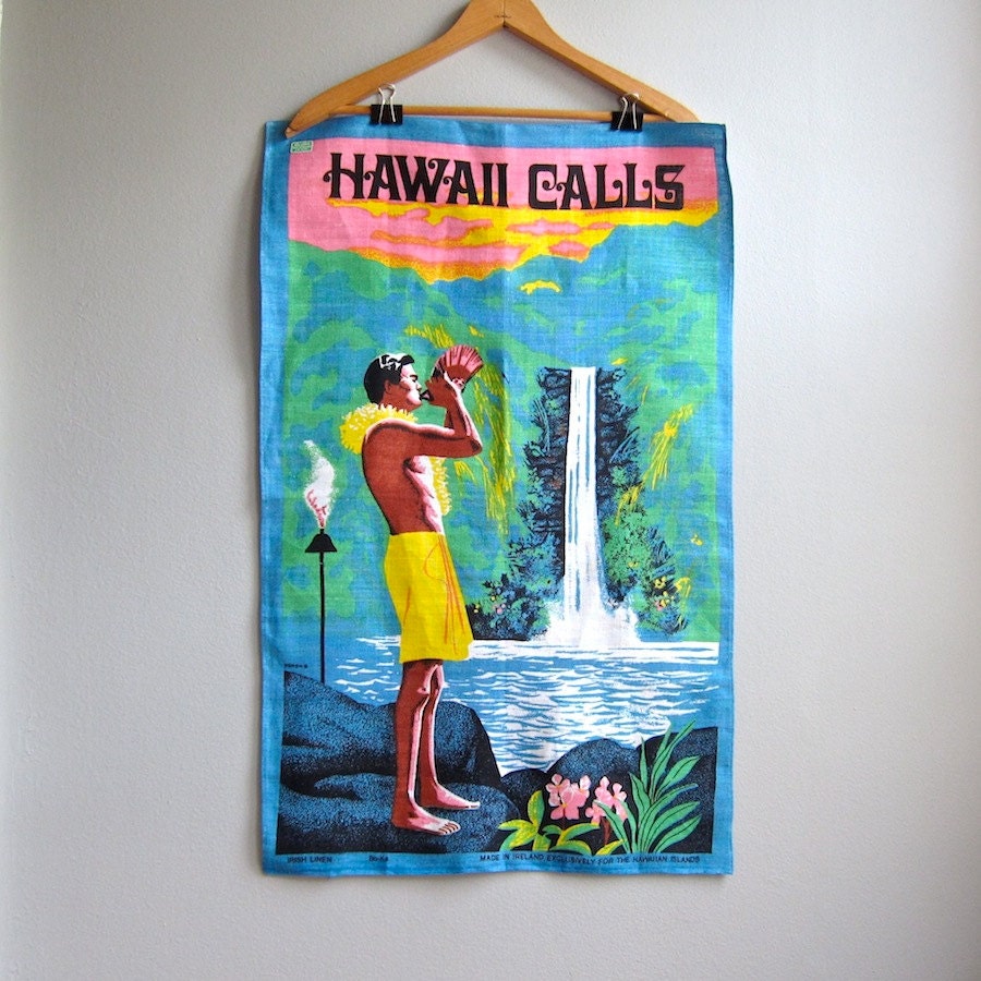 Vintage Hawaiian Linen Tea Towel with Waterfall and Sunset - Never Used - Hawaii Calls 1970s Kitchen Decor