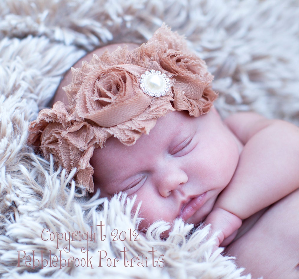 Chocolate Rose-- Shabby TRIO Rosette Rhinestone & Pearl Headband--ELEGANT, Great Photography Prop