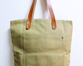Leathinity - Khaki Canvas Tote Bag w/ Genuine Leather Handles - Eco Friendly