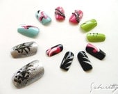 Japan Urban Graffiti 3D Nail Art pastel blue neon pink black peridot green design fashion fingernail chain acrylic tips fake nails 24 w/Glue
