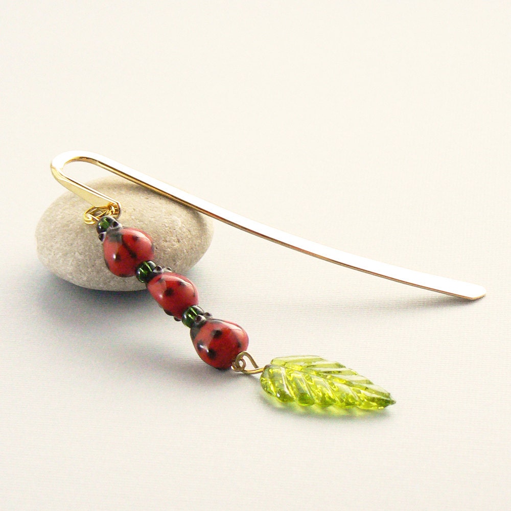 Unique Bookmark - Red Ladybugs, Green Leaf, Gold Plated Steel