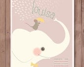 8X10 Personalized children's art featuring an elephant and mouse and your child's name and birth stats
