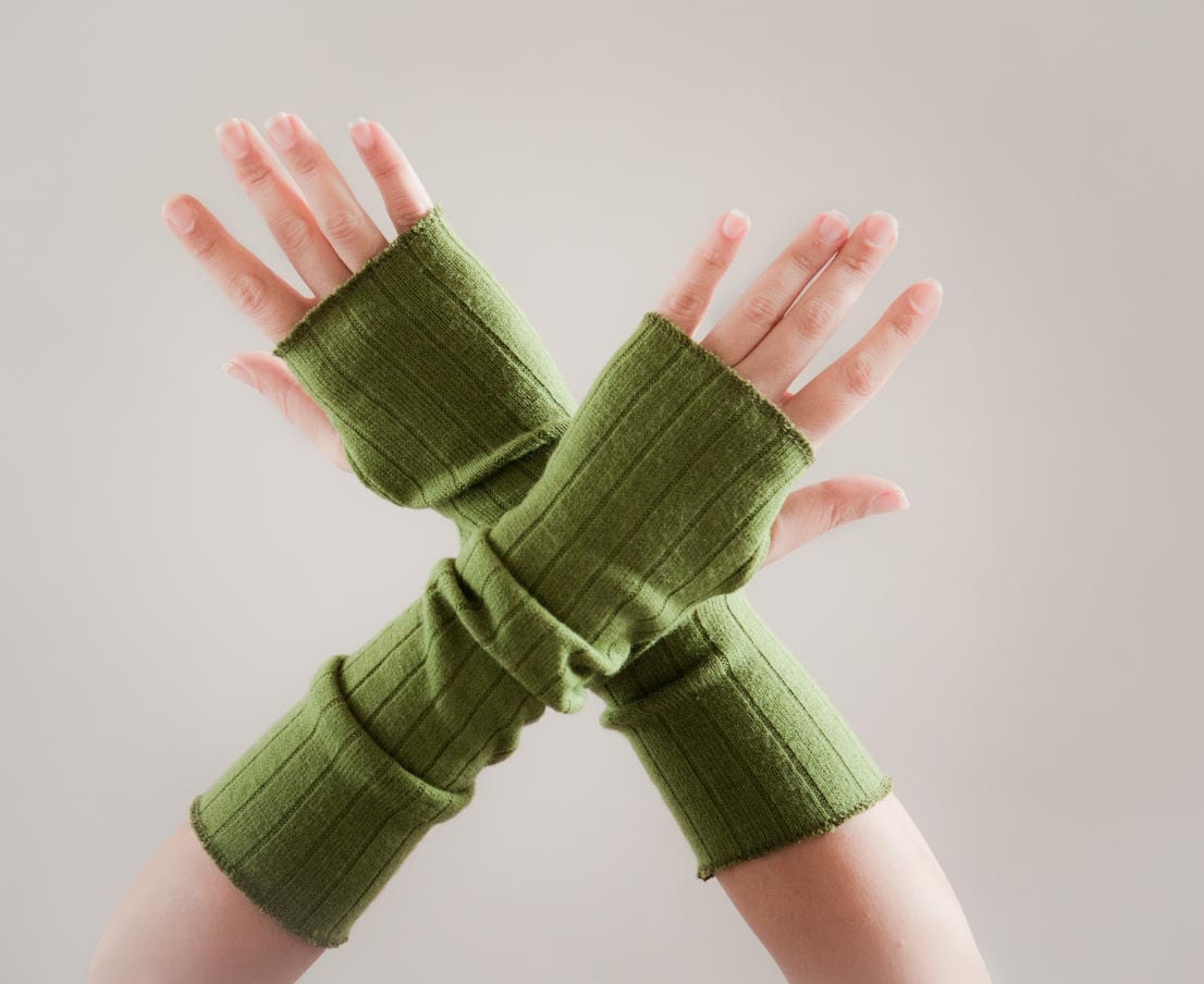 Long Fingerless Green Gloves-Arm gloves- Green Long Mittens- Long Ladies Vegan Friendly Mitts