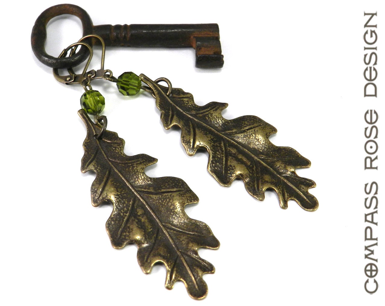 Victorian Earrings Brass Gold Oak Leaf - Olive Green Crystal by Compass Rose Design