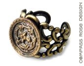 Antique Button - Victorian Button Ring - Gold and Steel Blossoms Metal Button Adjustable Ring Handmade by Compass Rose Design