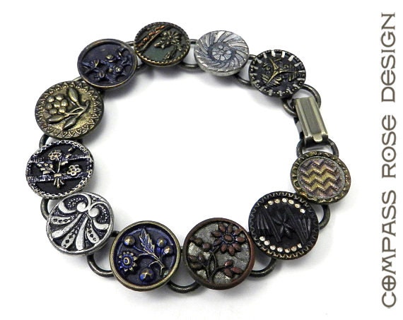 Victorian Antique Button Bracelet Heirloom Collection Brass Victorian Button PETITE Bracelet in Shades of Gold Brass Blue Silver Steel