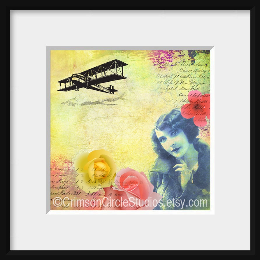 The Aviator's wife - 5x5 print, digital montage, vintage female portrait, nostalgic