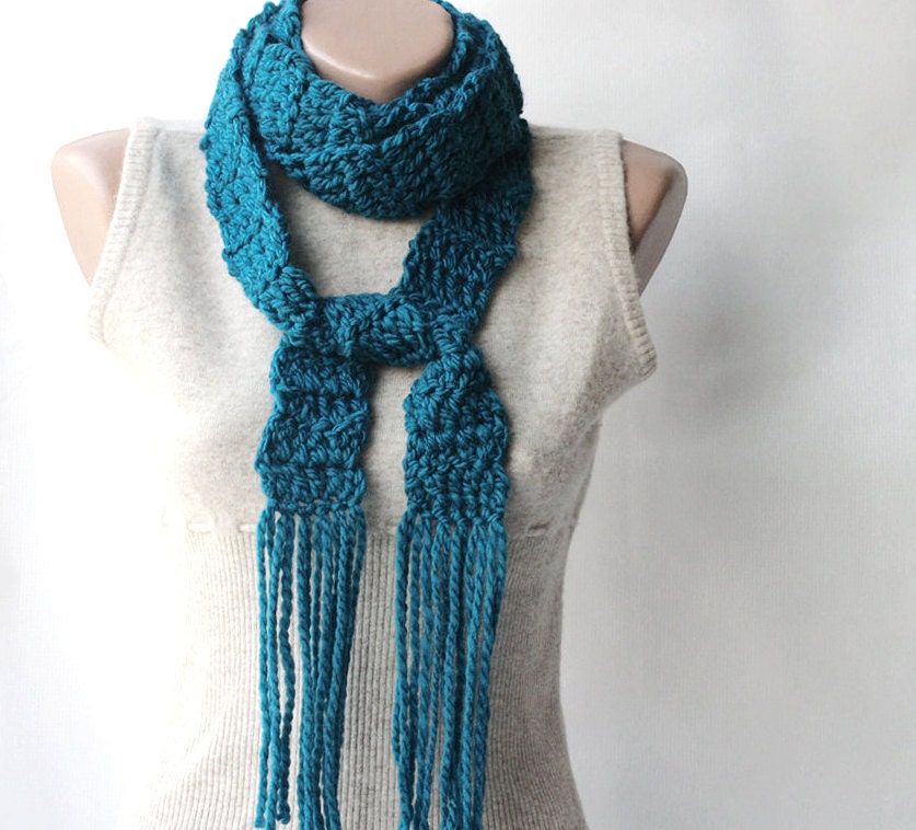 SALE Teal long scarf Wool Crochet Fall fashion Autumn accesories