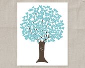 Wedding Anniversary, Baby Nursery Print Tree w Hearts & Love - Aqua Blue Chocolate - 8x10 Digital Illustration
