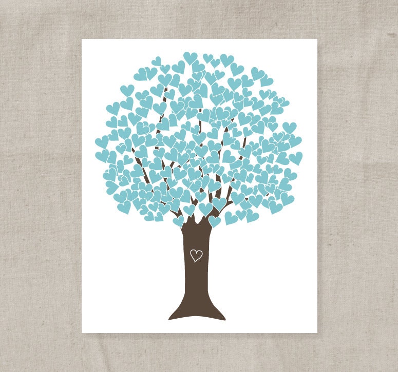 Wedding Anniversary, Baby Nursery Print Tree w Hearts & Love - Aqua Blue Chocolate - 8x10 Digital Illustration